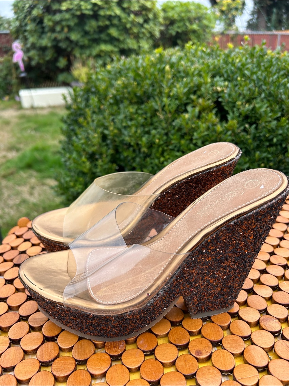 Catwalk Women’s Clear Strap Brown Glitter Wedge Platform Sandals Size 38/7US